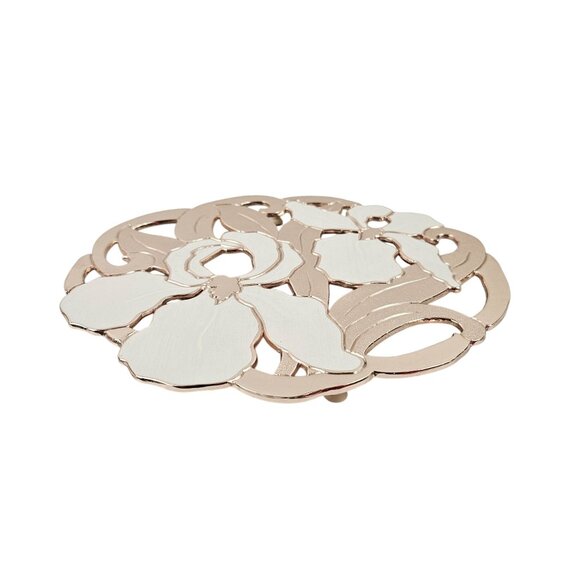 Wm A Rogers Rose Gold White Enamel Floral Trivet Iris Vintage Wall Hanging - Picture 5 of 11